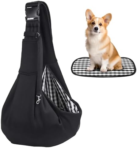 Small Dog Sling Carrier Include Bottom Support, Puppies Cat Wrap Carrier Sling Adjustable Strap Zip Pocket, Hands Free Pets Pack for Outdoor Travel Vet (Black)