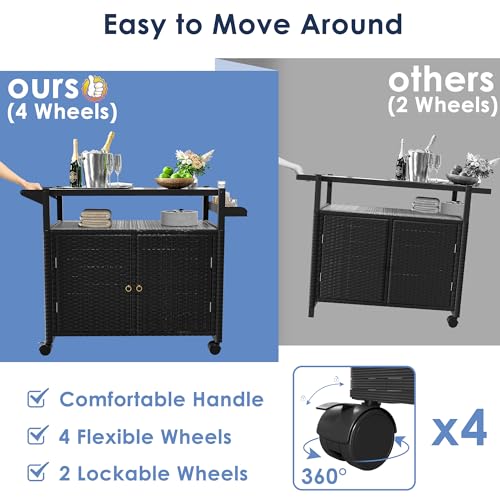 image for Xilingol Outdoor Bar Table, Wicker Bar Cart with Cabinet, Patio Servin