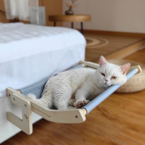 Cat Window Perch, Cat Window Bed&Seat for Large Cats, Easy to Adjust&Assemble Cat Window Hammock for Windowsill, Bedside,Drawer and Cabinet (Blue, 15.7″ L x 11.8″ W)