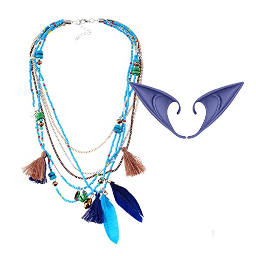 Avatar Cosplay Accessories, Soft Latex Pointed Elf Ears, Boho Feather Tassel Beads Necklace, Avatar Na'vi Anime Costume Accessories For Photo Shoot Props Christmas Halloween Masquerade Party
