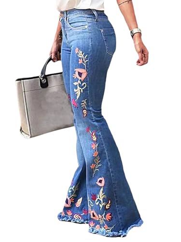 Bell Bottom Jeans for Women Floral Embroidered High Waisted Flared Jeans Stretchy Raw Hem Wide Leg Denim Pants