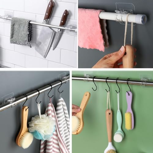 Image of 4 Pack No Drill Curtain Rod Brackets Self Adhesive Curtain Rod Holder Hooks Curtain Rod Hooks Heavy Duty Curtain Hangers for Home Bathroom Hotel Wall Mount Rod Support Without Drilling