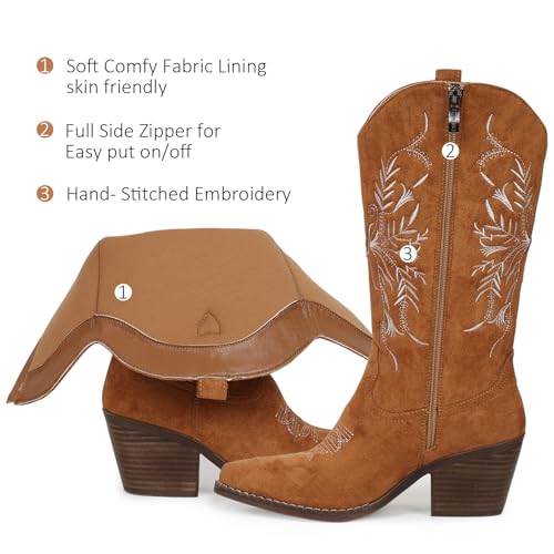 Cowboy Boots for Women Classic Embroidered Pointy Toe Cowgirl Boot, Western Mid Calf Side Zipper Chunky Heel Cowgirl Boots4