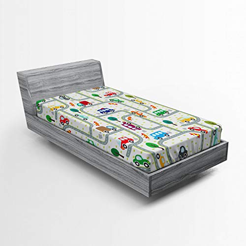 Ambesonne Cars Fitted Sheet, Vibrant Drawing Cars Driving on The Roads Traffic Urban Themed Design, Bed Cover with All-Round Elastic Deep Pocket for Comfort, Twin Size, Grey Green