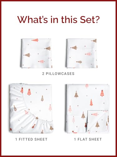 Full Christmas Tree Sheet Set - Holiday Xmas Pattern Bedding Set - Deep Pockets - Snug Fit - 4 Piece - Wrinkle Free & Easy Care - Comfy Festive Winter - Holiday Sheets for Women, Men, Kids and Teens