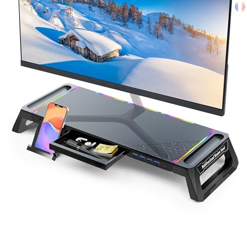 MOOJAY Support de Moniteur d'ordinateur de Bureau avec 4 Hub USB 3.0 et Lumière RVB, Rehausseur d'écran Pliable avec Tiroir de Rangement, Support de Téléphone et Porte-Plume pour PC/Laptop/iMac-Noir
