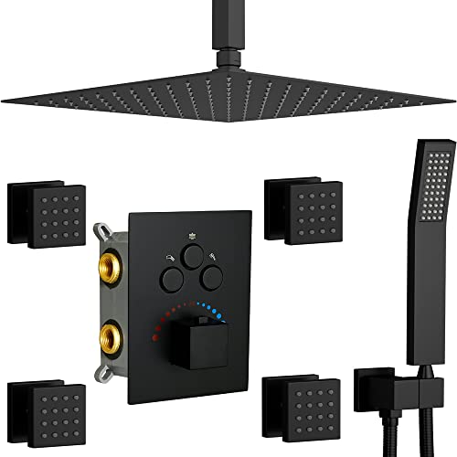 Système de douche thermostatique noir mat WH corps d'encastrement complet 16" LWX luxe