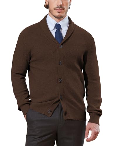 Kallspin Mens Pure Cotton Cardigan Sweater Button Down Shawl Collar Lightweight Knitwear Retro Casual Outfit (Brown 4XL)
