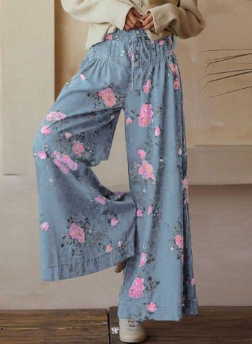 chouyatou Women's Boho Wide Leg Floral Denim Pants Pleated Elastic Waist Drawstring Palazzo Jeans2