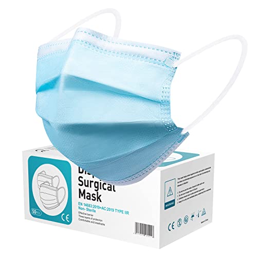 Rousig Masque Couleur Jetable Adulte, Certifié CE 3 Couches Type II R Filtrant À 95%, Respirant et Confortable, anti poussiere de Protection la bouche et du nez - 50 pcs Bleu Cover