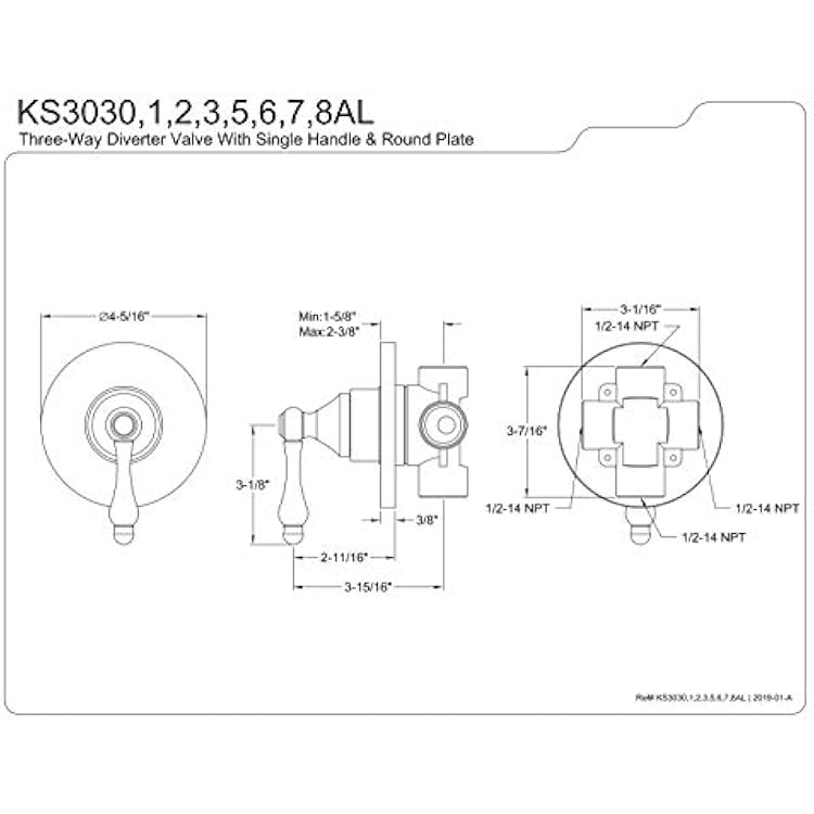 Kingston Brass KS3037AL 3-Way Diverter Valve with Trim Kit, Brushed Brass