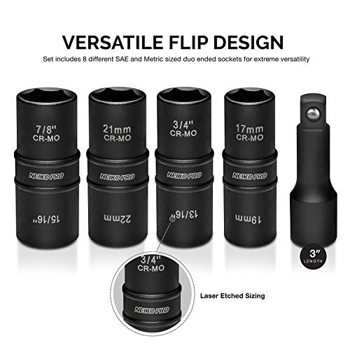 Neiko 02282B 1/2-Inch-Drive Impact Socket Set, Flip Socket Set, Chrome Moly Steel, Includes 3-Inch Bar Extension, 8 Deep Sae And Metric Sizes, 5 Pieces #TOP3