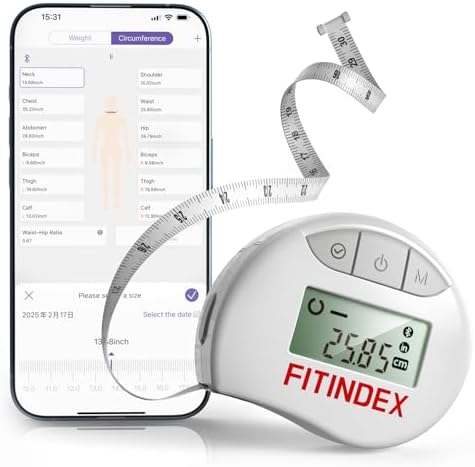 FITINDEX Bluetooth Digital Measuring Tape, Soft Sewing Tape, with LED Monitor Display, Lock Pin, Retractable Button, Fitness Body Measurement via App