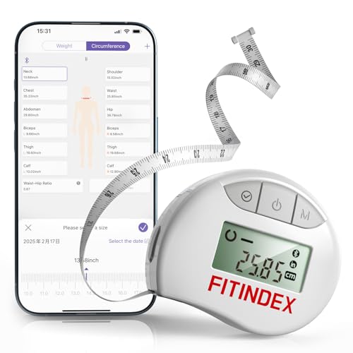 FITINDEX Body Measuring Tape, Accurate Bluetooth Measuring Tape for Body Measurements, Smart Body Tape Measure Retractable with 12 Body Parts Measure for Weight Loss Fitness Muscle Gain, Syn