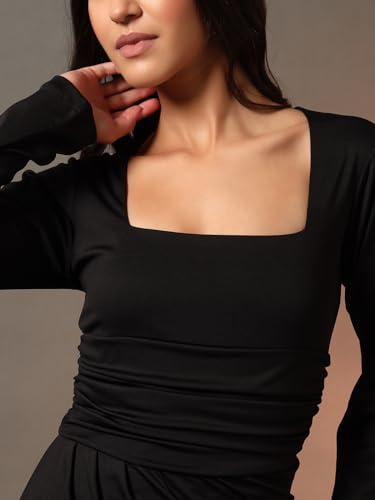Image of Trend Arrest.ed Women's Bodycon Midi Dress | Square Neck Wrap Style | Stretchable | Full Sleeve Fitted Dress for Party, Evening, Casual Outings & Date Night