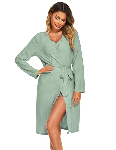 Ekouaer Rib Knit Pajamas Set for Women 3 Piece Lounge Sets Soft Cami and Shorts Pjs with Cardigan Loungewear S-XXL2