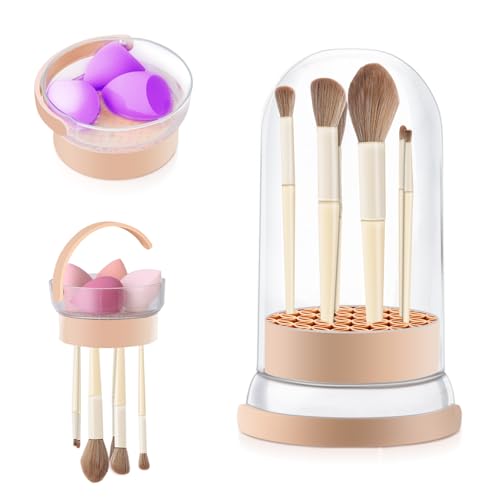 Makeup Brush Cleaner Bowl, 3 in 1 Makeup Brush Cleaner Mat and Dryer, Waterproof Makeup Brush and Sponge Cleaner with Lid (Khaki)