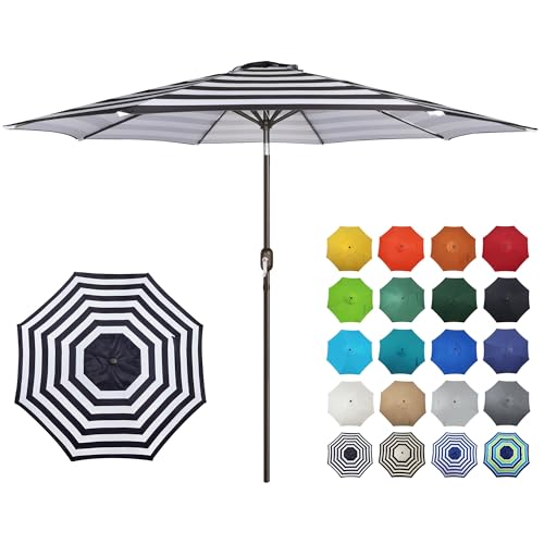 Image of Blissun 10FT Patio Umbrella, Outdoor Table Umbrella, Yard Umbrella, Market Umbrella with 8 Sturdy Ribs, Push Button Tilt and Crank, Black & White Stripe