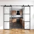 SmartStandard 72in x 84in Glass Barn Door,Clear Glass Sliding Barn Door with Hardware Kit Included and Soft-Close,Metal Frame with Door Guides Waterproof & Quiet,Pre-Drilled Holes Easy Assembly,White
