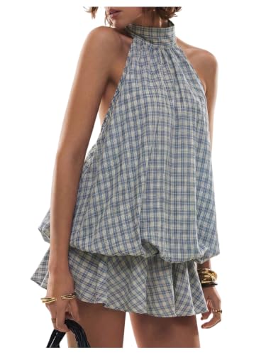 SOLY HUX Women's Plaid Halter Mini Dress Ruffle Bubble Hem Going Out Dress