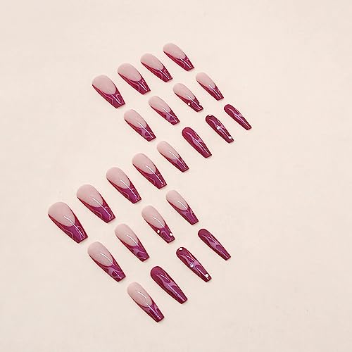 BABALAL Coffin Press on Nails Long Fake Nails Pink French Glue on Nails Shiny Rhinestone Chrome Ballerina Acrylic Nails 24Pcs Glitter False Nails for Women and Girls