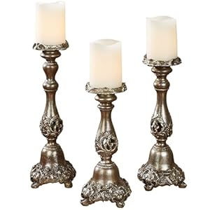 Touch of Class Victoria Acanthus Leaf Candleholders Set of 3 – Resin – Metallic Bronze, Silver – Candlesticks for Bedroom, Living Room, Mantel, Dining Room, Entryway, Foyer