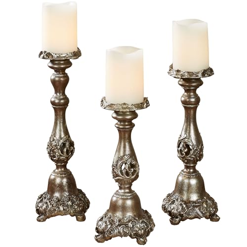 Touch of Class Victoria Acanthus Leaf Candleholders Set of 3 – Resin – Metallic Bronze, Silver – Candlesticks for Bedroom, Living Room, Mantel, Dining Room, Entryway, Foyer