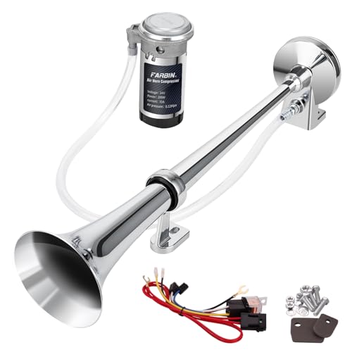 FARBIN 24V 150db Train Air Horn Super Loud 18 Inches Chrome Zinc Single Trumpet Truck Air Horn Kit with Compressor and Wire harness for Any 24V Vehicles