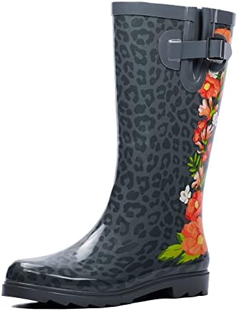 landchief Rain Boots for Women, Ladies Tall Waterproof Rubber boots for Garden, Size 11, Red Flowers