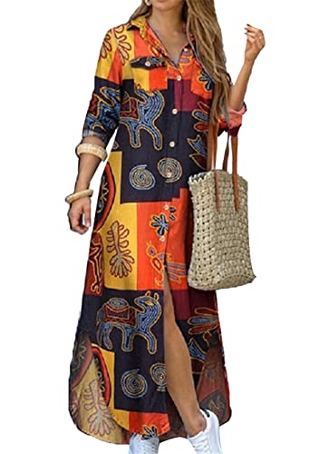 Image of DIACACY Womens Leopard Rolled Up Sleeve Button Down Shirt Dress Casual Fit Split Blouse Split Dress Yellow 3XL
