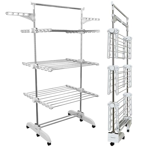 PORTENTUM Tendedero Vertical Plegable 14 cm – 5 Niveles y 58 Ganchos para Perchas – hasta 40 kg – Tenderete 24 Barras de Secado de Acero Inoxidable – Interior y Exterior – Ruedas giratorias con Freno