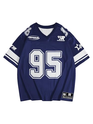 VIPWOLF Men's Number Graphic Jersey Shirts Oversized Y2KShort Sleeve Streetwear Tee Rugby Shirt Top Blue X-Large