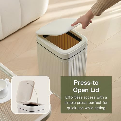 Image of Small Bathroom Trash Can with Lid, Press-Top Lid & Foot Pedal 2-in-1 Garbage Can, 2.6 Gal Plastic Wastebasket Soft Close, Dog proof, Slim Step-On Trash Bin for Kitchen, Office, Bedroom, Dorm-White-10L
