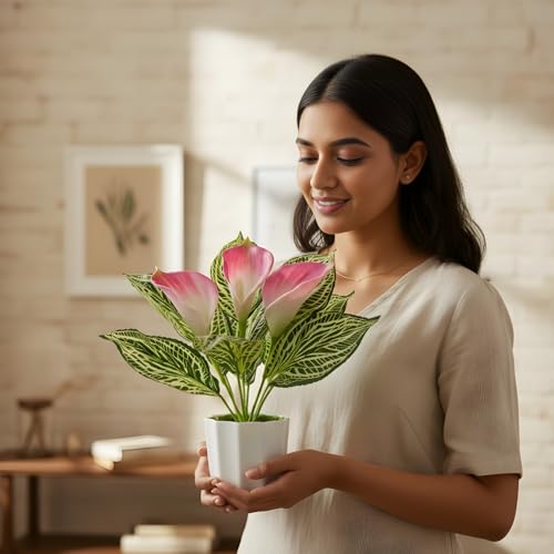 Image of fancymart Artificial Calla Lily Plant with Pot - 30 cm Height Decorative Flower Leaves (Pack of 1) | Realistic Faux Plant for Home & Office Decor | Table, Shelf & Desk Decoration