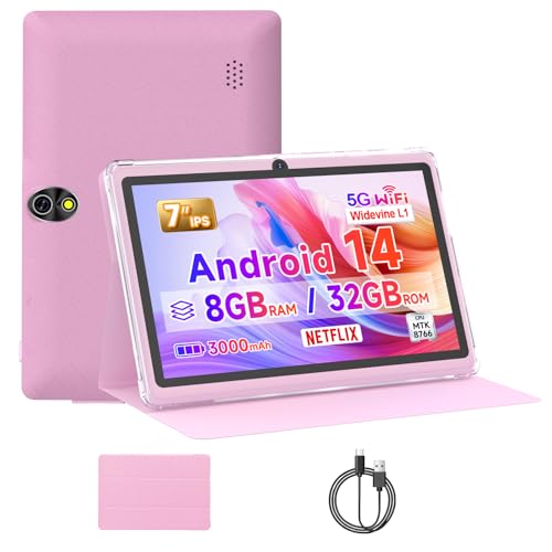 Image of DIGITHINK Tablet 7Inch Android 14.0 with Protective Case, 8GB(3+5GB Expand) RAM+ 32GB ROM, IPS Screen, Dual Camera, Bluetooth 5.0 WiFi Tab (Pink)