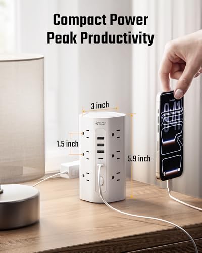 10Ft Tower Power Strip, Long Extension Cord, Flat Plug, 1700J, 12 AC 5 USB - image 7