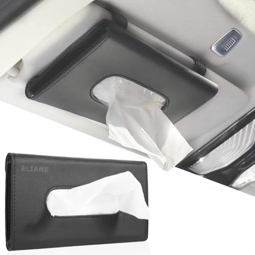 Eliane Car Tissue Holder Sun Visor Napkin for Upgraded Version Hanging Premium PU Leather Universal Auto Easy Use Mask Dispenser Box with Refill (Black, 1 Pcs)