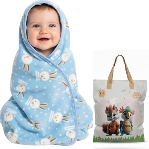 Image of Ultra-Soft Baby Hooded Blanket | Newborn Baby Wrapping | Coral Fleece Material Hypoallergenic | Towel Cum Blanket with Teddy Design (0-3Years) (Light Blue)