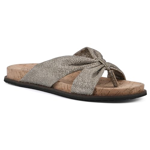 WHITE MOUNTAIN Women\'s Malanga X-Strap Flat Footbed Sandal, Ltgold/Glitter/Fab, 8.5 M