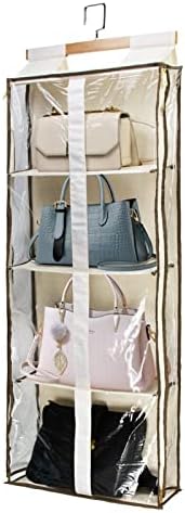 JC-Houser Transparent Closet Hanging Handbag Organiser, Versatile Wardrobe Pouch Tote Bag Purse Collection Holder, Over The Door Space Saving Shelf Pocket Storage for Bedrooms Living Room (Beige)