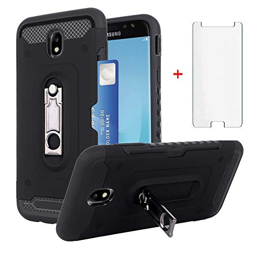 Phone Case for Samsung Galaxy J7 Pro J730G with Tempered Glass Screen Protector Credit Card Holder Wallet Kickstand Accessories Hard Protective Cover Glaxay J7pro J 7 2017 J730F SM-J730GM/DS Men Black