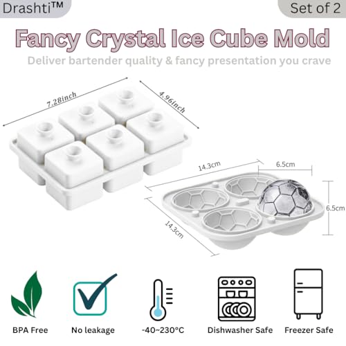 Image of Premium Combo of Large 3D Crystal Square Ice Cube Tray & Football Shaped Silicone Molds for Chilling Drinks, Chocolates, Juice, Jelly and Many More. Pack of 2 (White)