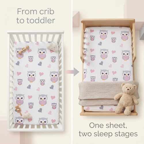 Image of EVERYDAY KIDS Baby Girl Fitted Crib Sheet Sweet Owls, 100% Soft Breathable Microfiber Baby Sheet, Fits Standard Size Crib Mattress 28in x 52in, Nursery Sheet