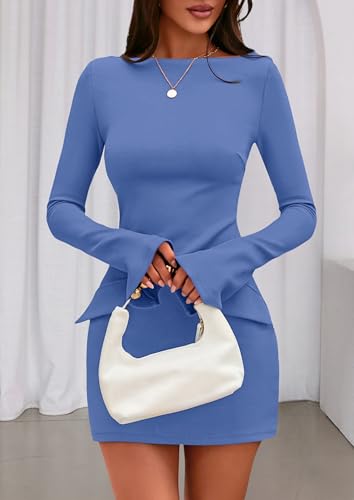 Image of PRETTYGARDEN Womens Fall Long Sleeve Mini Dress 2025 Trendy Boat Neck Bodycon Knit Elegant Short Party Formal Dresses
