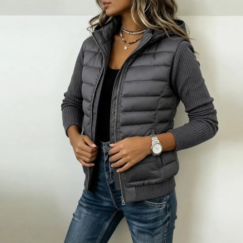 YRAETENM Womens Puffer Jacket Casual Hooded Mixed Fabric Winter Outerwear - image 3
