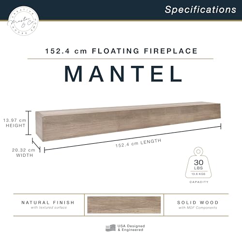 Image of MCS 60-Inch Mantel, Master & Co Antique Natural Finish Solid Wood Floating Fireplace Mantel, Long Floating Shelf for Livingroom with Wood Cleat Hanging System, Photo and Home Decor Display Shelf