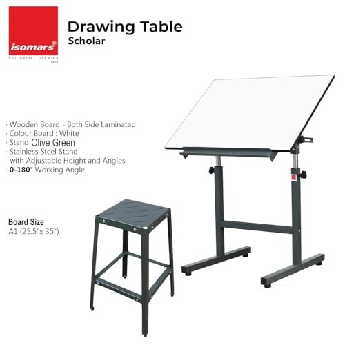 Image of Isomars A1 Adjustable Drafting Table, Green Finish, Height Adjustable 35 inch to 47 inch, 180 Tilting Drawing Board, Professional Art & Drafting Desk for Architects, Engineers, Artists & Designers
