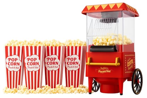 Almineez Retro Carnival Popcorn Maker – Red 1200W Electric Fairground Popcorn Machine with Hot Air Circulation Popcorn Popper - for Fat-Free and Healthy Snacking - Perfect for Home Cinema With 6 Bags