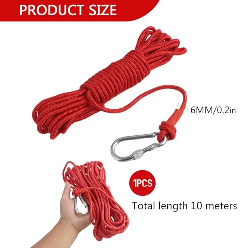 6mm Polypropylen Bootsseil, 10m Länge, Schwimmfähig und Hochsichtbar in Rot,Ankerleine Kajak Festmacher Tauwerk,für Bootssport, Camping, Fischen und Wandern, Inklusive Edelstahl Karabiner