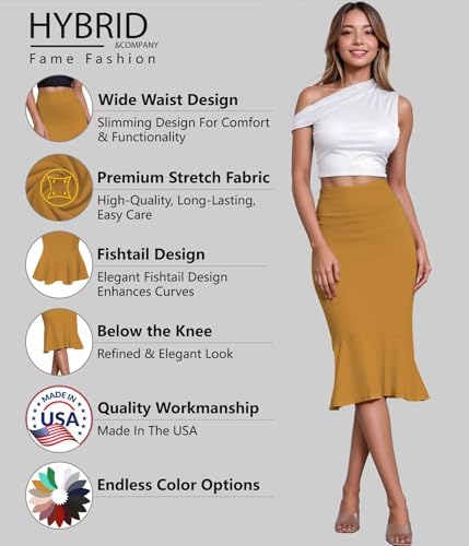 Image of HyBrid & Company Womens Premium Nylon Ponte Stretch Office Fishtail Pencil Skirt High Waist Made in The USA Below Knee